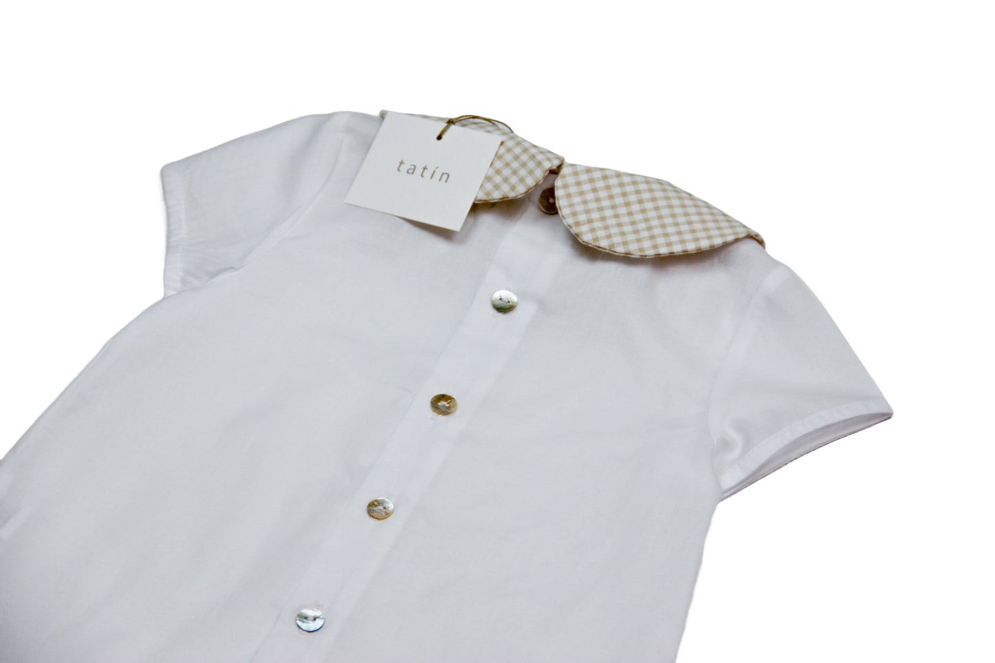 Mario Camisa cuello bebé - Blanca y cuello Vichy mini Beige