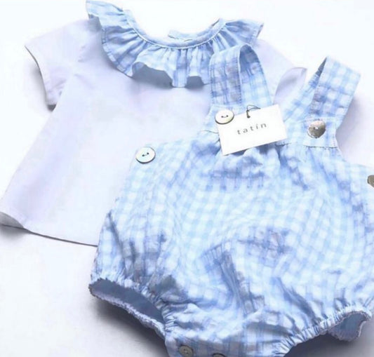 DANIELA Short sleeve shirt - White + Medium Light Blue Vichy Ruffle