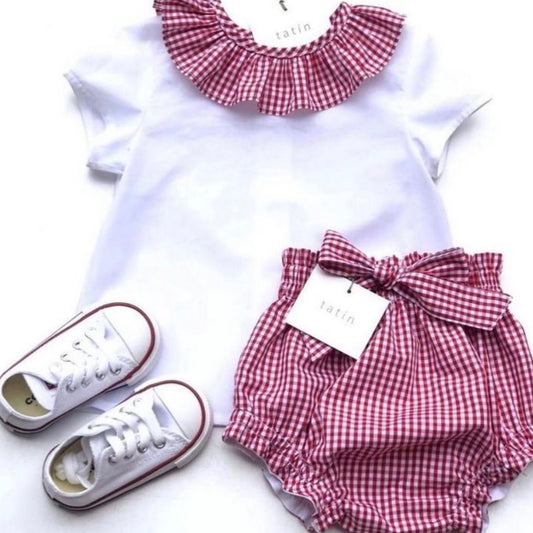 DANIELA Short sleeve shirt - White + Mini Red Vichy Ruffle